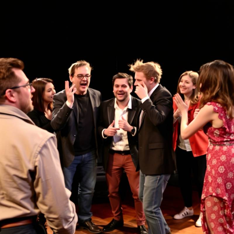 Eine Gruppe von Schauspielern improvisiert auf einer Bühne.