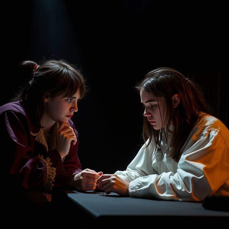 Zwei Studenten bei der Arbeit an einer Szene aus 'Faust'.
